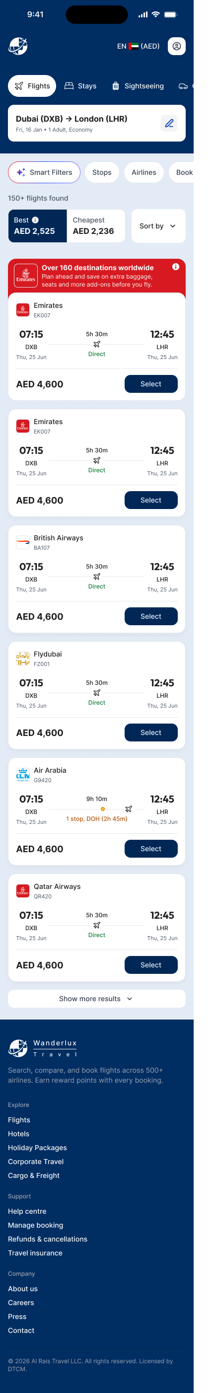Flight Search Results Mobile Light