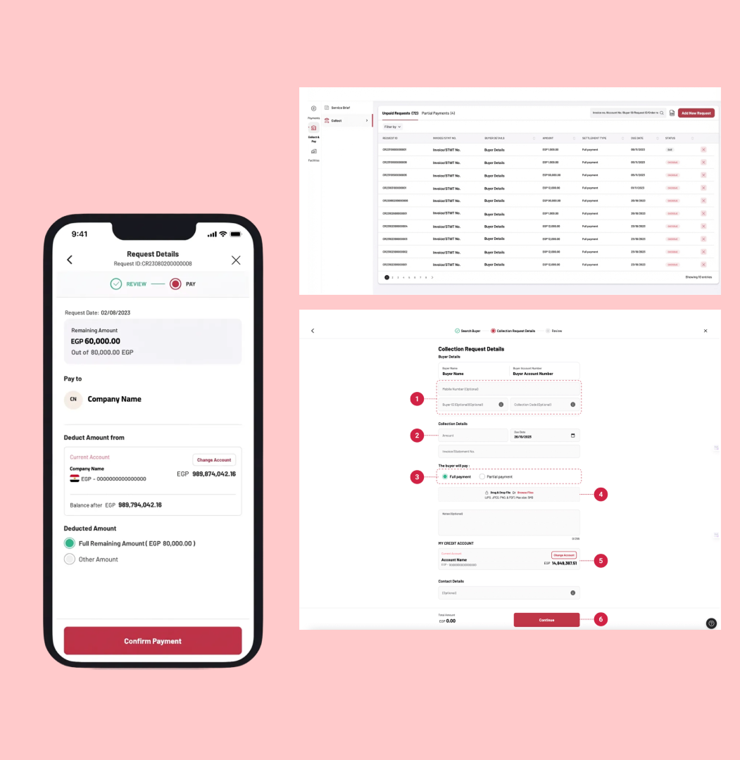Final design — key screens from the corporate web dashboard and merchant mobile app