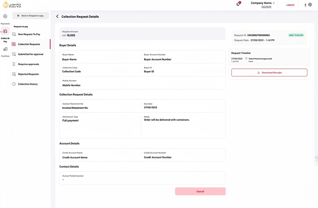 Corporate dashboard — Collection Request Details screen showing buyer info, request timeline, and account details