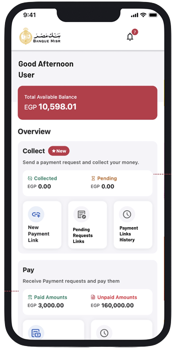 Merchant mobile app — Home screen showing balance, Collect section with payment link actions, and Pay section with unpaid amounts