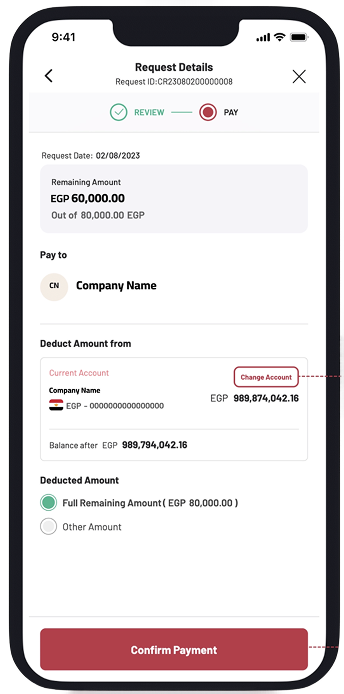 Merchant mobile app — Request Details screen with REVIEW to PAY stepper, remaining amount, account selector, and fixed Confirm Payment CTA