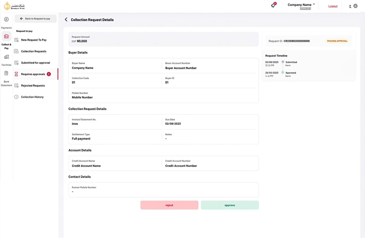 Corporate dashboard — Collection Request pending approval state with request timeline and approve/reject actions
