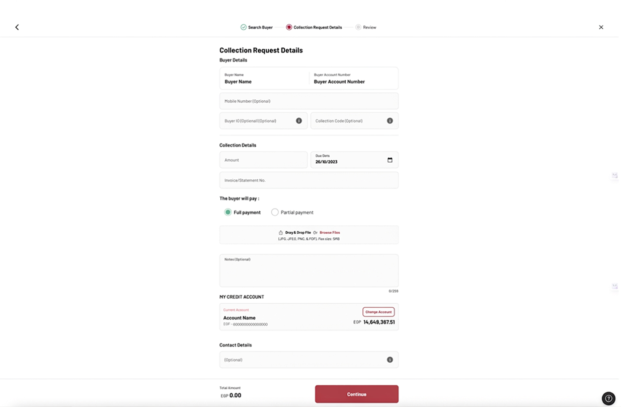 Corporate dashboard — Send Collection Request form, step 2: entering buyer details, amount, due date, and payment type